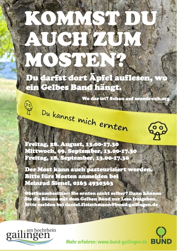Plakat mit den Terminen und einem Bild eines Obstbaums im Rheinuferpark Gailingen mit einem gelben Band und einer Erklärtafel am Stamm